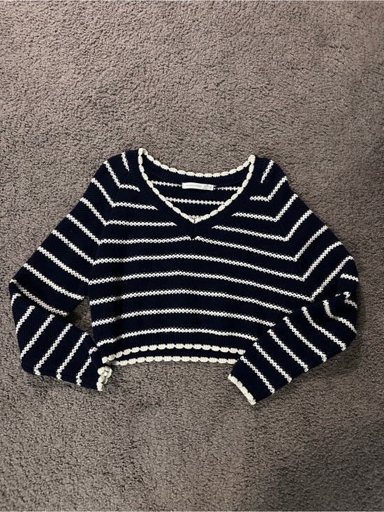 Altar'd State Sweaters - Altar'd State Navy and White Striped V‑Neck Cropped Sweater